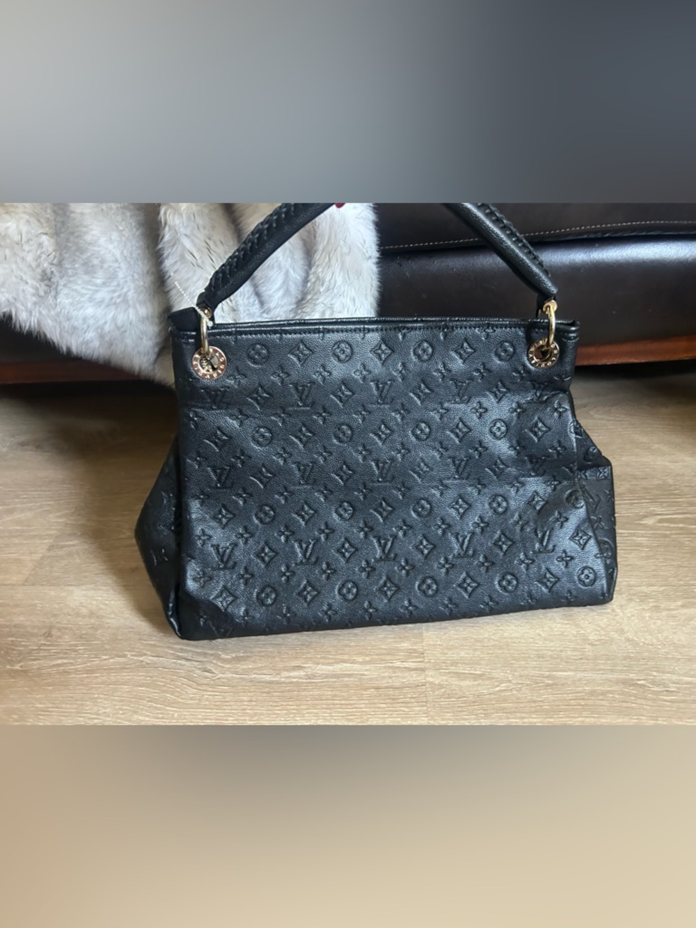 Black Monogram Embossed Top-Handle Tote Bag with Gold Hardware